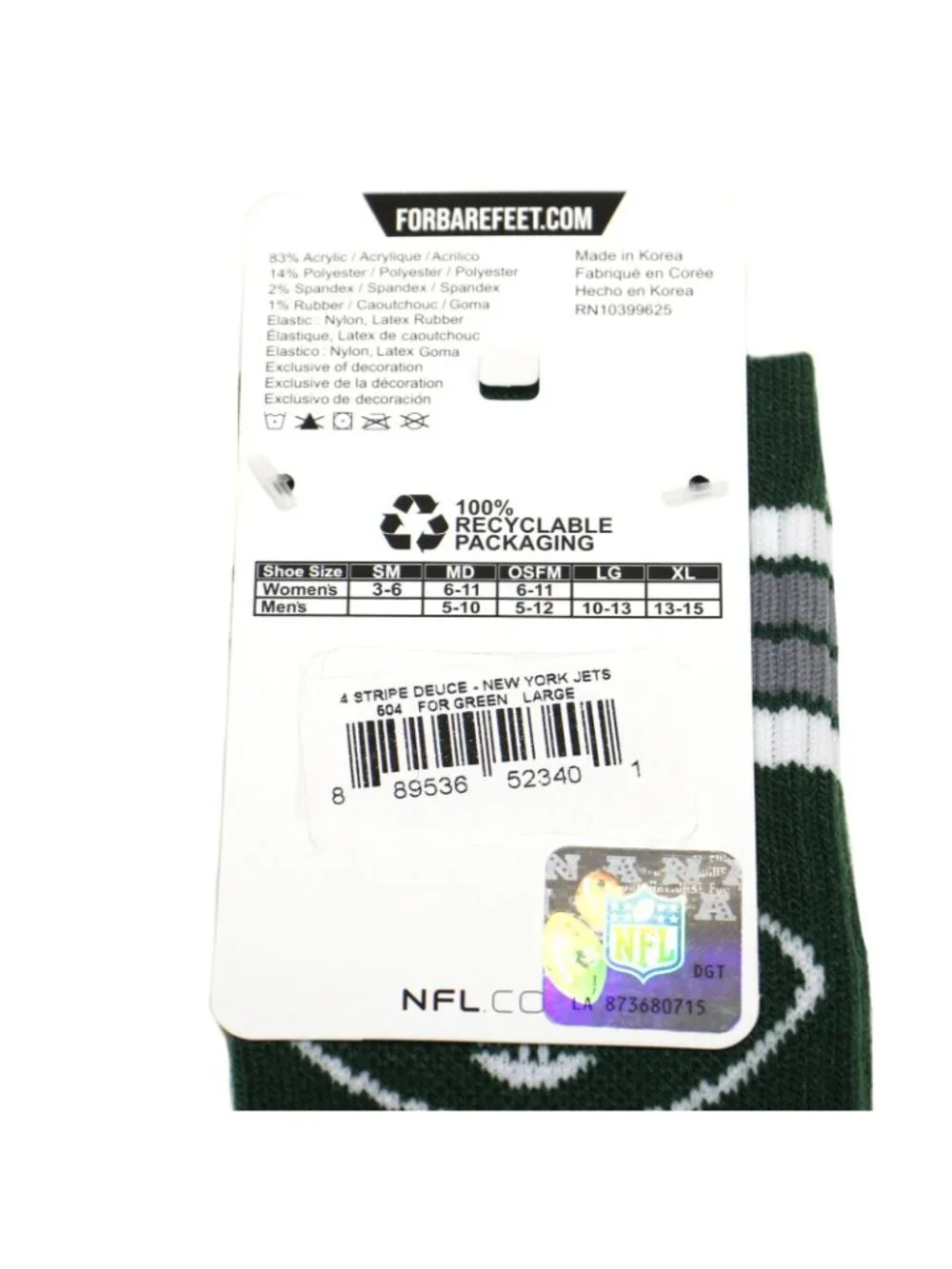 For Bare Feet Men's NFL 4-Stripe Deuce Performance Crew Socks Large NY Jets